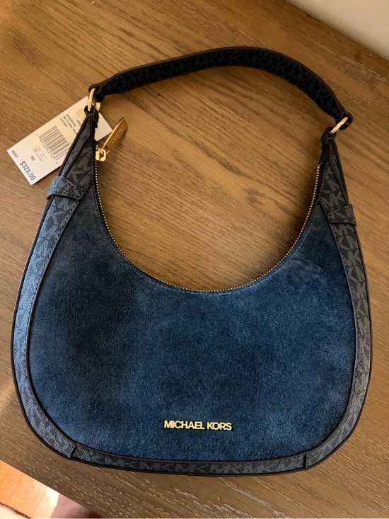 Michael Kors Handbags - Michael Kors Navy Suede Crescent Shoulder Bag with MK Trim